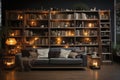Leather sofa with cushions standing on living room with stylish interior design and collections books on bookshelves in library.
