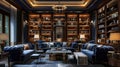 Leather sofa with cushions standing on living room with stylish interior design and collections books on bookshelves in