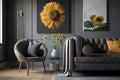 Leather sofa next to table with sunflowers in grey living room interior with posters. Real photo Royalty Free Stock Photo