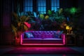 Leather sofa in a room with tropical plants and neon lighting Royalty Free Stock Photo