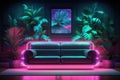 Leather sofa in a room with tropical plants and neon lighting Royalty Free Stock Photo