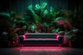 Leather sofa in a room with tropical plants and neon lighting Royalty Free Stock Photo