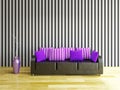 Leather sofa with violet pillows