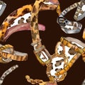 Leather spotted belt sketch fashion glamour illustration in a watercolor style background. Seamless background pattern.