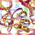 Leather spotted belt sketch fashion glamour illustration in a watercolor style background. Seamless background pattern.