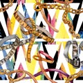 Leather spotted belt sketch fashion glamour illustration in a watercolor style background. Seamless background pattern.