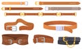 Leather straps. Cartoon belts with unbutton metal buckles, leathers horizontal strip, fashion belt for clothes waist