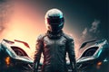 Leather suited sports car driver with helmet stands in front of hyper modern futuristic concept . Generative AI