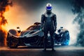 Leather suited sports car driver with helmet stands in front of hyper modern futuristic concept. Generative AI