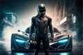Leather suited sports car driver with helmet stands in front of hyper modern futuristic concept. Generative AI