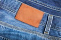 Leather tag label on jeans close up and copy space Royalty Free Stock Photo