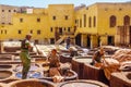 Leather tannery, with workers, Fes Royalty Free Stock Photo