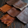 Leather textures samples on dark wooden background. Brown leather samples, various colors. Samples of natural leather material on Royalty Free Stock Photo