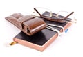 A leather two fountain pen pouch with a diary and specs Royalty Free Stock Photo