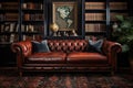 a leather upholstered chesterfield sofa in a study with bookshelves Royalty Free Stock Photo