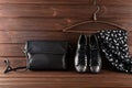 Leather upper metallic trendy womens shoes, scarf and black leather bag