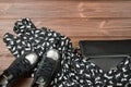 Leather upper metallic trendy womens shoes, scarf and black leather bag Royalty Free Stock Photo