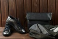 Leather upper metallic womens shoes, scarf and black leather bag