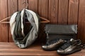 Leather upper metallic womens shoes, scarf and black leather bag