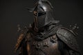 leather walking knight in dark armor and large helmet