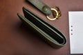 Leather wallet, Close up detail of handcraft full grain vegetable tanned olive green wallet