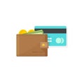 Leather Wallet with coins money, paper cash and credit or debit card vector illustration flat cartoon design, idea of Royalty Free Stock Photo