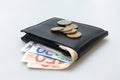 Leather wallet with Euro notes and coins Royalty Free Stock Photo