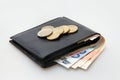 Leather wallet with Euro notes and coins Royalty Free Stock Photo