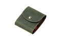 Leather wallet isolated on white background. Luxury leather wallet on a rivet button on a light back. Green leather wallet