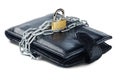 Leather wallet with lock and chain on white isolated background. Concept of protecting electronic money and safety personal financ Royalty Free Stock Photo