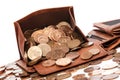 Leather wallet with a lot of euro cent coins Royalty Free Stock Photo