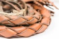 Leather whip isolated over white background closeup macro Royalty Free Stock Photo