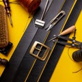 Leather working or Leather craft. Black tanned leather on leather craftman`s work desk . Working tools on a work table Royalty Free Stock Photo