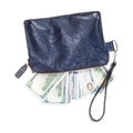 Leather wristlet purse with many dollars isolated