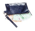 Leather wristlet purse with many euros isolated