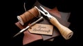 Leathercraft tools and materials on transparent background inviting to learn this craft Royalty Free Stock Photo
