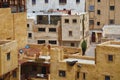 The leathers are dried on the roofs of the old tannery buildings in Fez. Morocco. The tanning industry in the city is considered Royalty Free Stock Photo