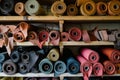 leatherworker organizing rolls of colored leather on shelves Royalty Free Stock Photo