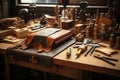 Leatherworking tools and supplies at craftsmanship workshop table. Generative AI Royalty Free Stock Photo