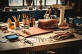 Leatherworking tools and supplies at workshop table. Generative AI Royalty Free Stock Photo