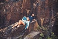 Leave all your worries behind. Sexy woman and bearded man on natural landscape. Couple enjoy love and romance. Couple in