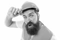 Leave the work to the professional. Bearded man workman isolated on white. Construction worker in protective work wear