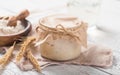 The leaven for bread is active. Starter.sourdough  fermented mixture of water and flour to use as leaven for bread baking. The Royalty Free Stock Photo