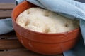 Leavened dough in ceramic bowl Royalty Free Stock Photo