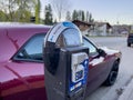 Leavenworth, WA USA - circa April 2023: Close up view of a digital parking meter in downtown Leavenworth