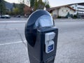 Leavenworth, WA USA - circa April 2023: Close up view of a digital parking meter in downtown Leavenworth