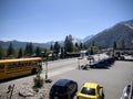 Leavenworth, WA USA - circa April 2023: Wide view of a Granite Falls school district bus driving through downtown Leavenworth on a