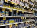 Leavenworth, WA USA - circa December 2022: Wide view of a variety of canned seafood products for sale inside a Safeway grocery