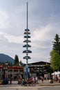 Landmark Maypole in the town square of Leavenworth, WA, a Bavarian themed village outside