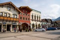 Leavenworth, Washington - July 4, 2019: Shops and restaurants in downtown Leavenworth Washington, a Bavarian German town outside